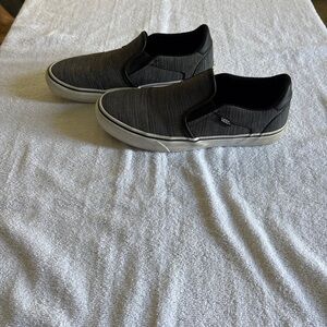 Vans Mens Black and Gray Slip-On Sneakers with Canvas Upper